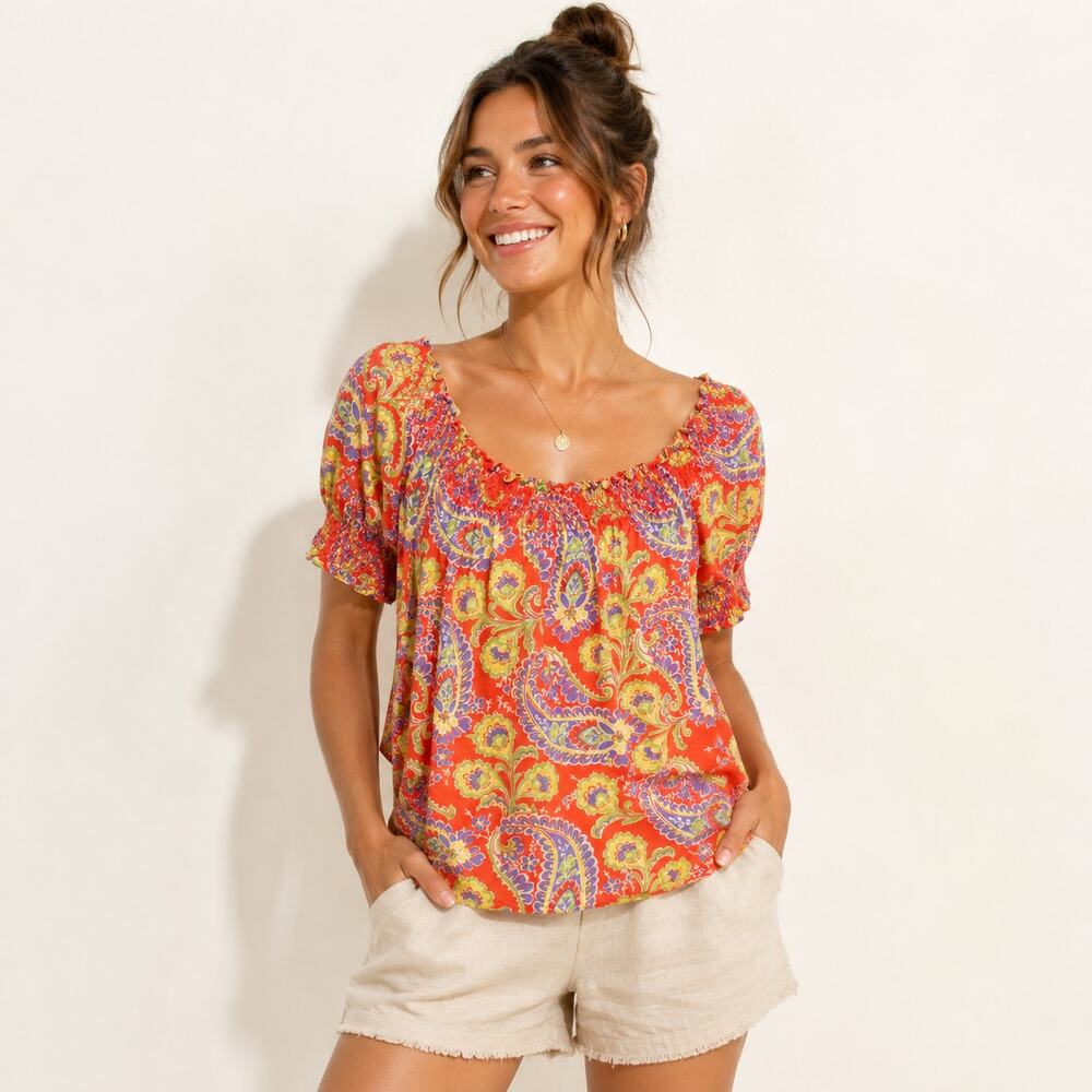Lauren Ralph Lauren Top Women's Size XL Cotton  Coral Floral Boho-chic Cottage